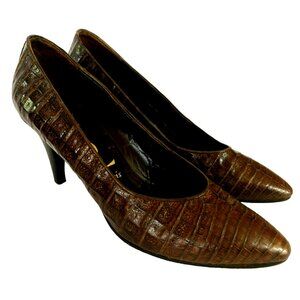 Vintage YSL Yves Saint Laurent Shoes Heels Crocodile Leather Brown Size 9 Italy